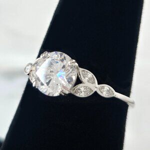 Classic Engagement Style Round Halo ring with leaf band,  925 Sterling Silver